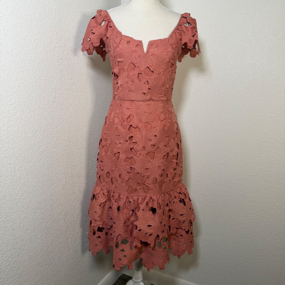 Saylor Midi Dress Womens Small Terracotta Rose Floral Laser Cut Lace Ruffle Hem